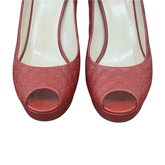 Gucci Guccissima Leather GG Pumps Peep Toe Platform Size 37 EU 7 US Burgundy - Picture 5 of 12